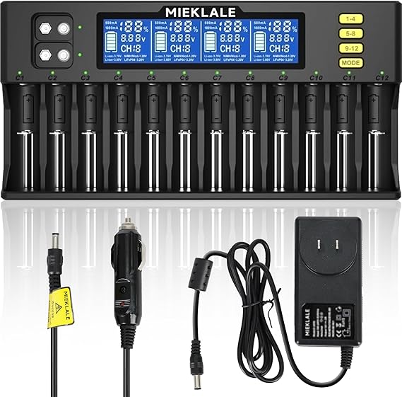 MIEKLALE 12+2 Bay Smart Battery Charger – Universal LCD Charger for Li-ion/LiFePO4/Ni-MH 18650/21700/26650/AA/AAA & 9V Batteries