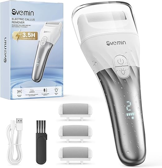 Electric Callus Remover for Feet – Rechargeable 2-Speed Foot File with 3 Roller Heads, IPX4 Waterproof & Battery Display
