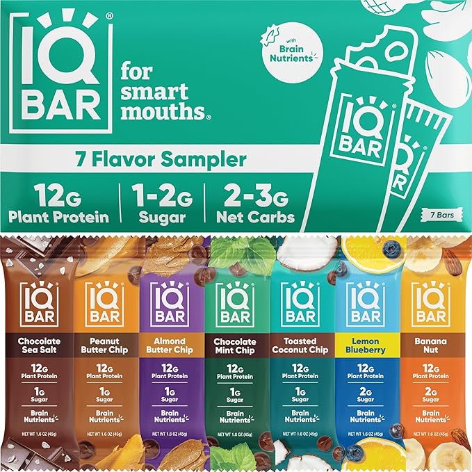 IQBAR Brain & Body Protein Bars – 7 Bar Sampler Pack | Vegan, Gluten Free, Low Sugar Snacks with Fiber & Plant Protein
