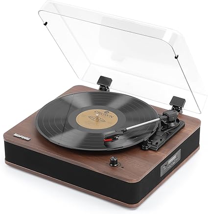 3-Speed Bluetooth Record Player with Built-in Speakers – Vinyl to MP3 Recording, FM Radio, USB/SD Playback, Walnut Finish