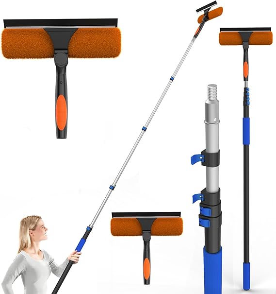 SKGPOLE Window Cleaning Kit – 5-19ft Telescoping Squeegee with 26ft Reach, 180° Adjustable Head & Microfiber Cloth for Glass, Shower Doors & Cars