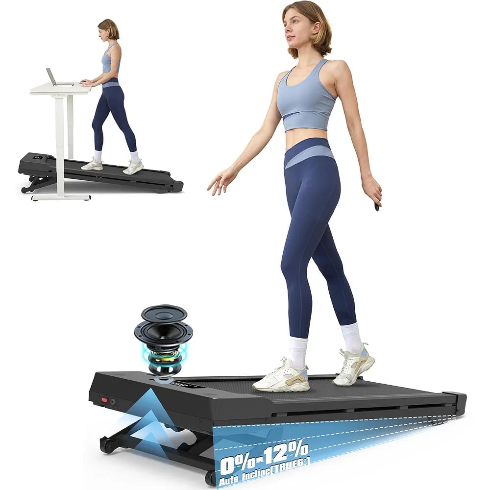 Walking Pad Treadmill with 12% Auto Incline – 450 lbs Capacity Under Desk Treadmill for Home, 5 MPH & Bluetooth Speaker (Black)