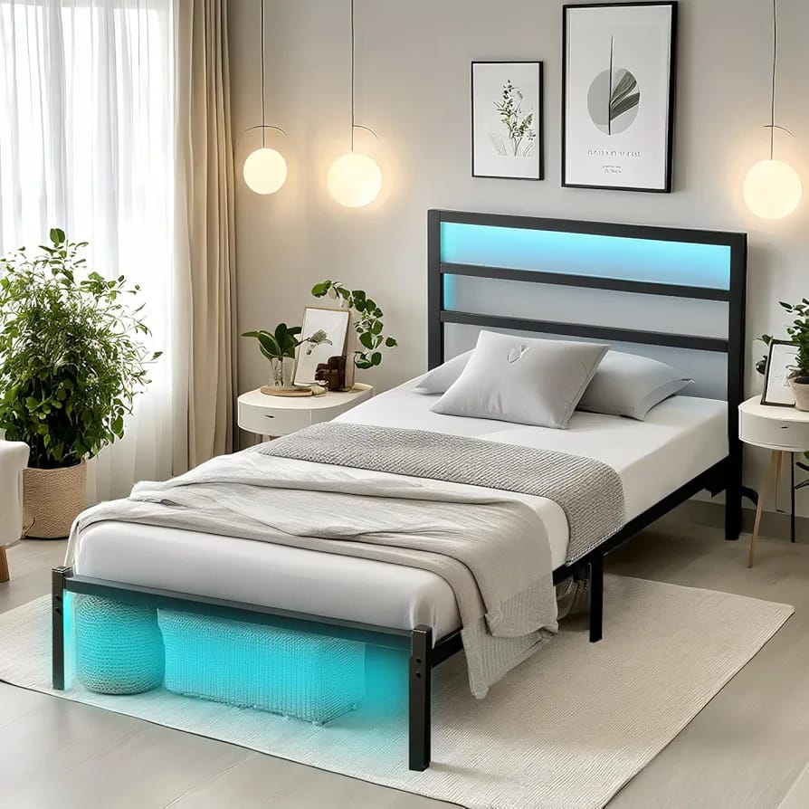 CLIBFENG Twin Bed Frame with Headboard – Heavy Duty Steel Platform with LED Lights, USB Charging & Underbed Storage