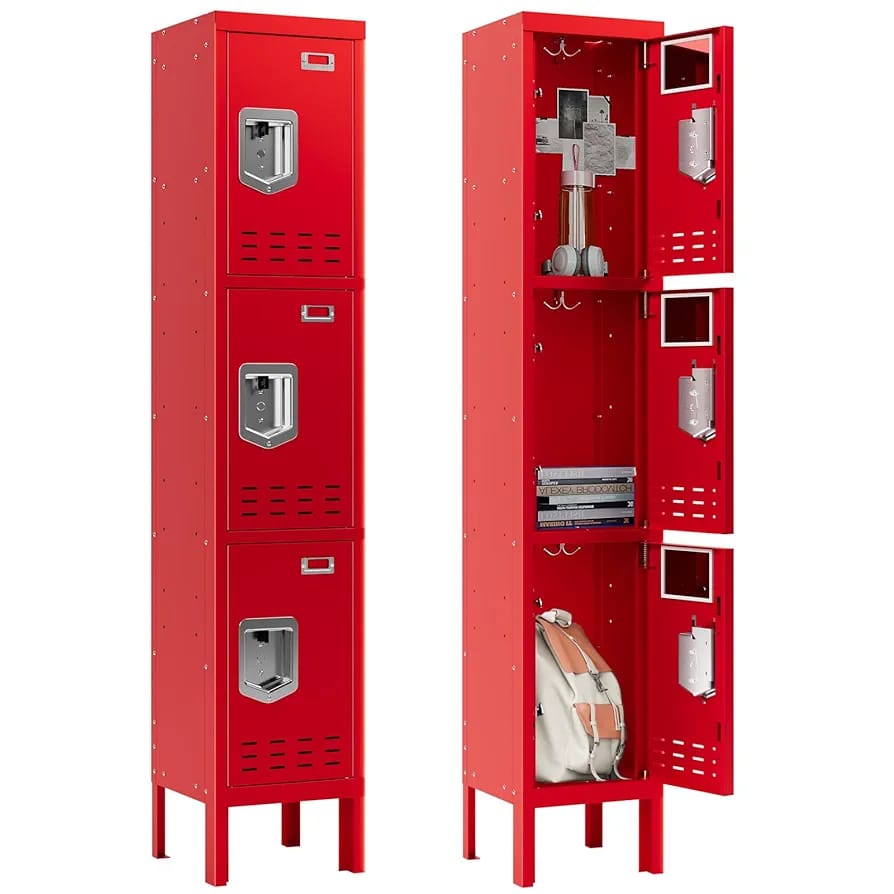 66″ Steel Storage Lockers (3-Door) – Heavy Duty Metal Lockers for Gym, School & Office with Ventilation, Card Slot & Adjustable Shelf