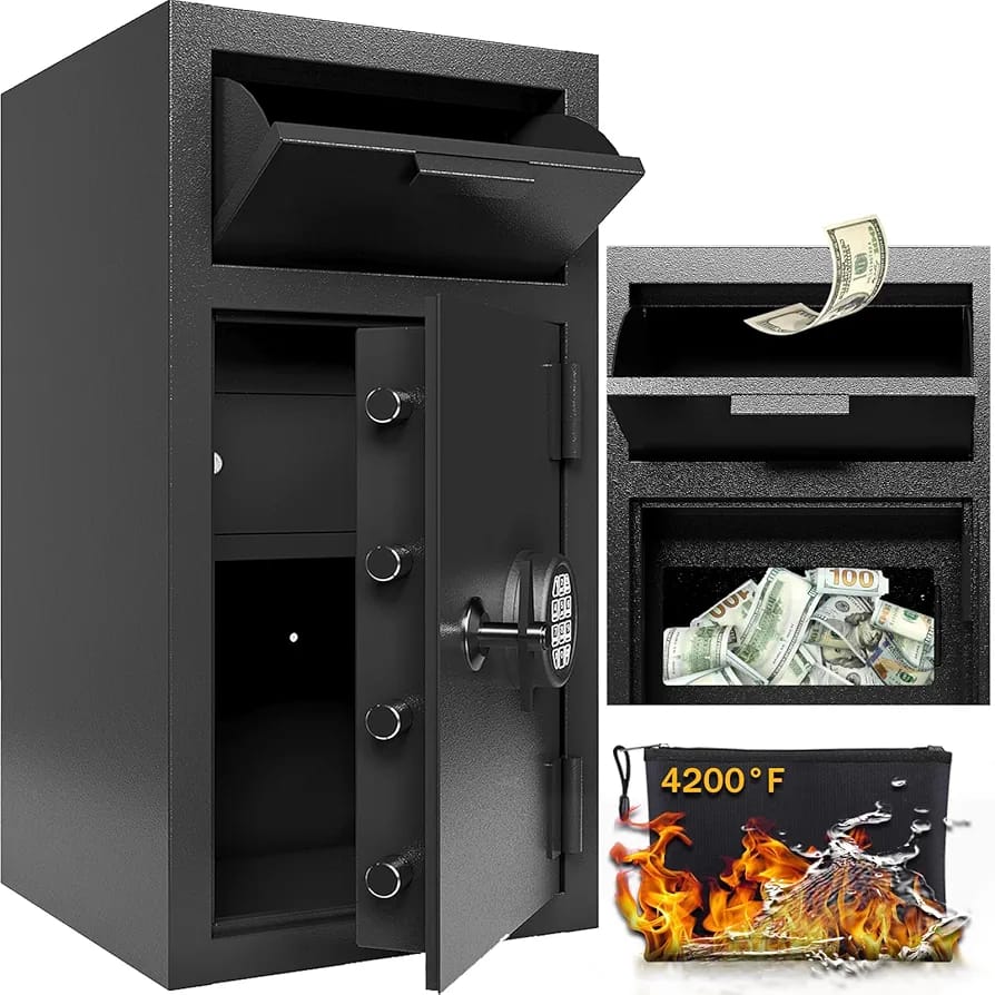 4 CUB Commercial Front-Drop Safe Box – Fireproof & Waterproof Money Safe with Anti-Theft Design, Dual-Zone Storage & Free Fireproof Bag