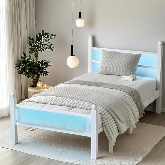 White Twin LED Bed Frame with USB