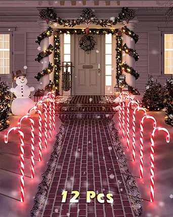 COOLWUFAN 12-Pack Christmas Candy Cane Pathway Lights
