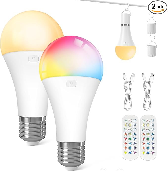 KINDEEP Rechargeable LED Bulb E26 15 Colors with Remote 2 Pack