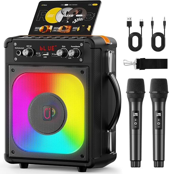 Portable Karaoke Machine with 2 Wireless Mics TWS Supported