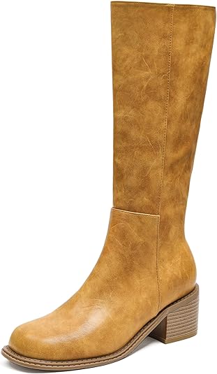 Women’s Knee-High Square Toe Chunky Heel Boots