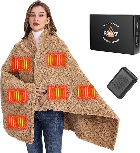 Shaggy Faux Fur Heated Throw Blanket with Power Bank