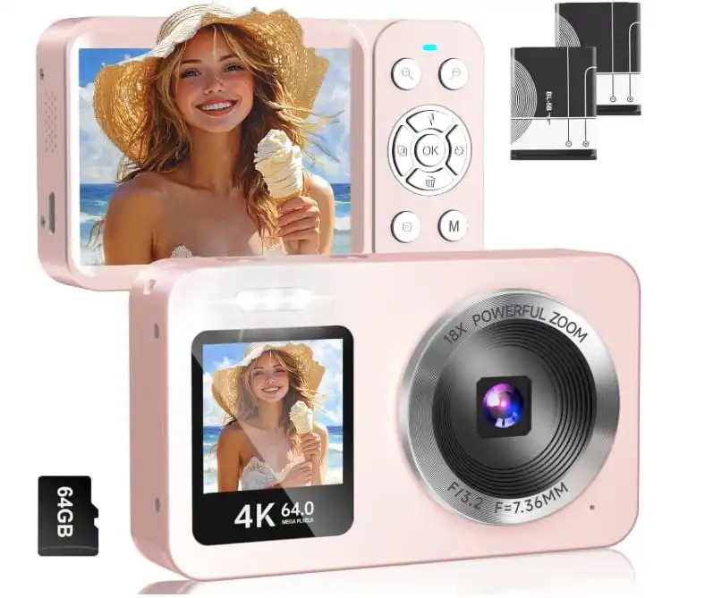 Pink Digital Camera for Kids & Teens, 4K 64MP UHD Dual-Screen Point