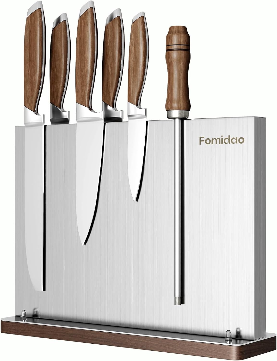 Magnetic Knife Block Stainless Steel Double-Sided Wood Base