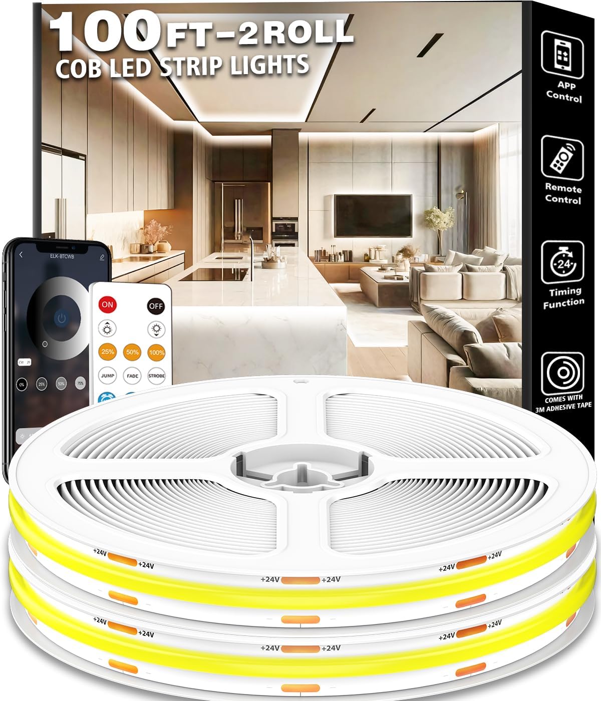 100FT COB LED Strip Lights 6500K App Control