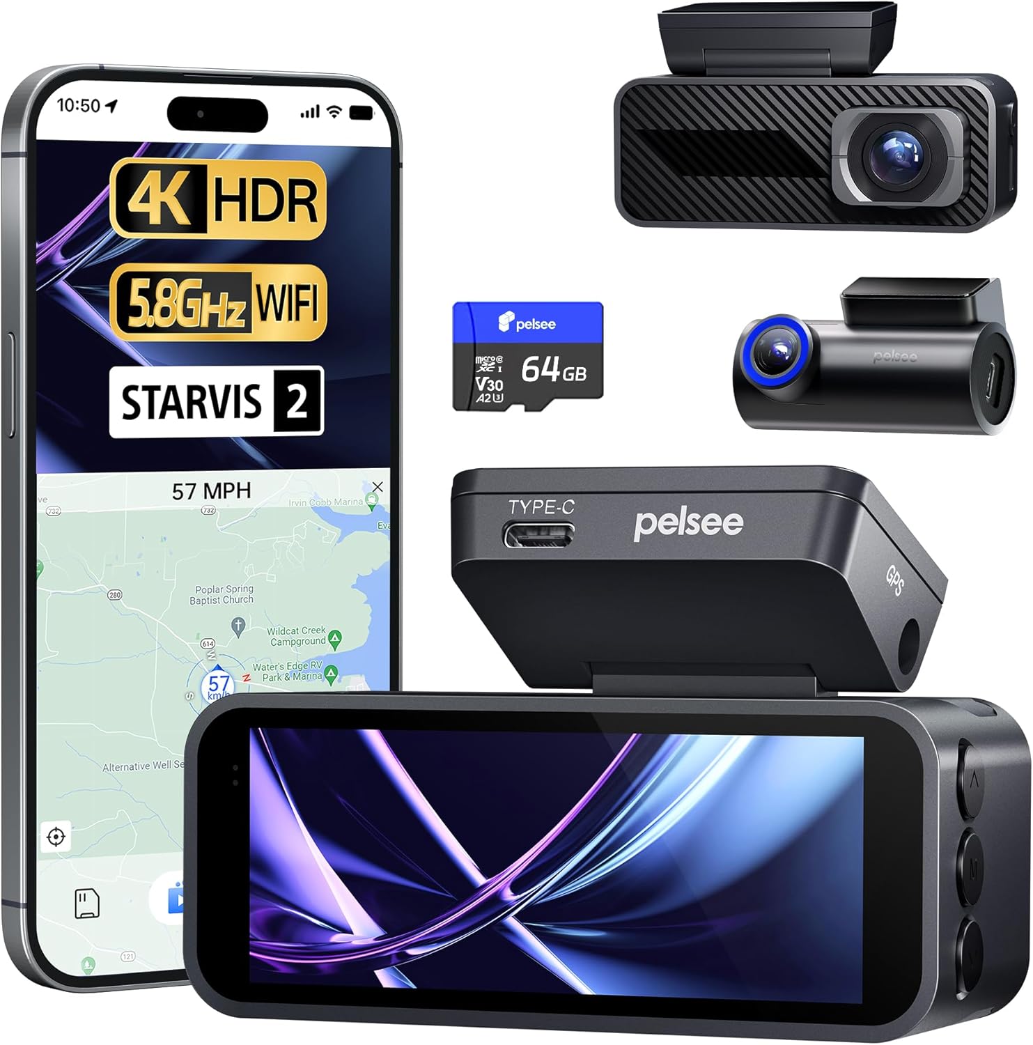 Pelsee P1 Pro Dash Cam Front and Rear 4K+1080P