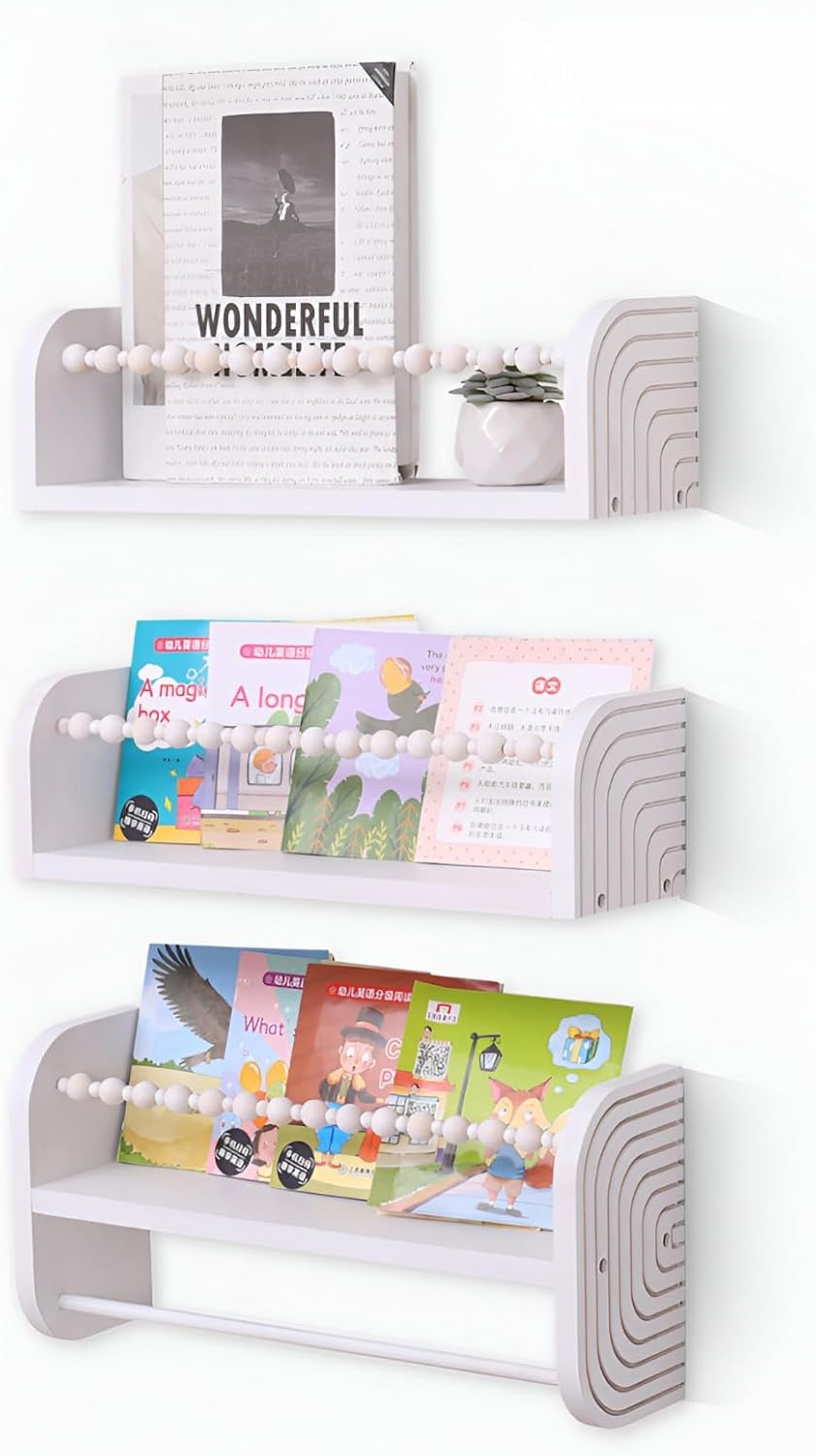 Floating Nursery Shelves – Set of 3, White, Wall‑Mounted Kids’ Book Display