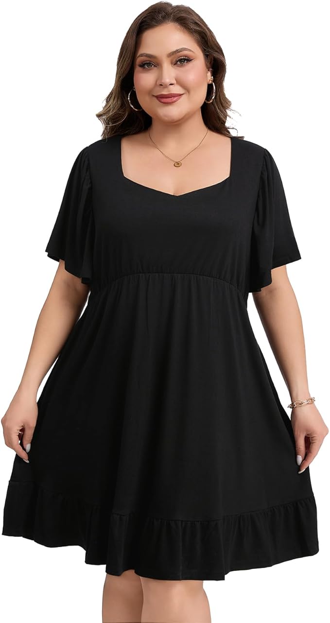 Plus Size Sun Dress – Sweetheart Neck & Ruffle Sleeves
