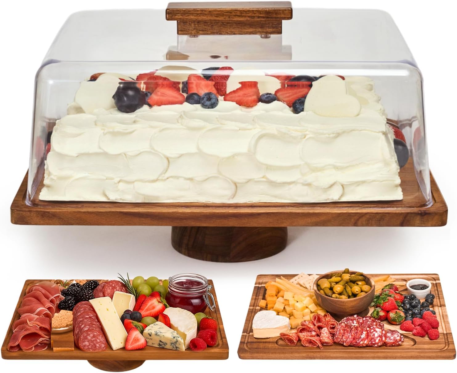 Acacia Wood Cake Stand with Lid – 2-in-1 Charcuterie Board