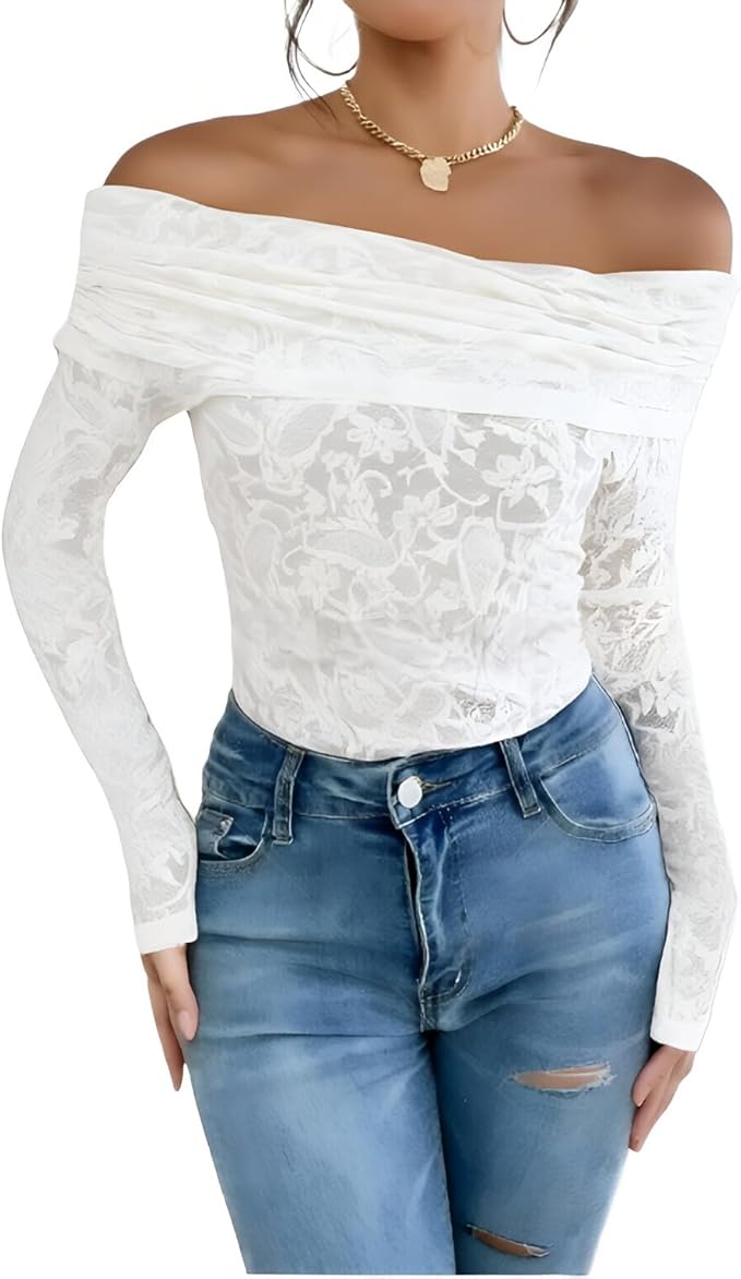 Off‑Shoulder Lace Blouse – Slim Fit Ruched Top, S‑XXL (Multiple Colors)