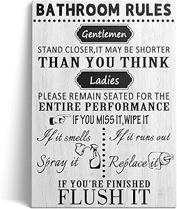 Bathroom Rules Wall Art – Funny Toilet Etiquette Sign, Wooden Framed (24×36 In)