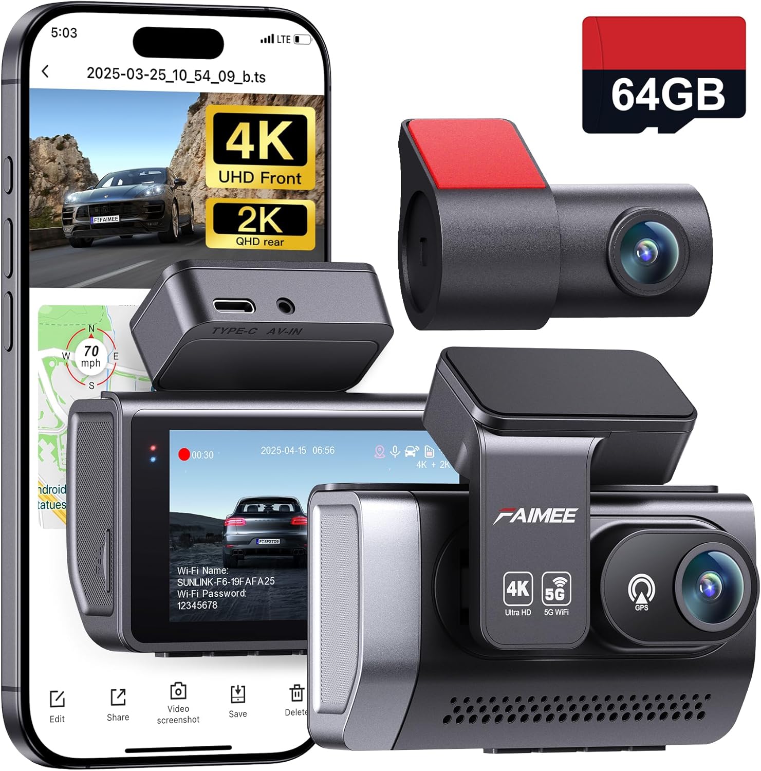 4K+2K Dash Cam Front and Rear – WiFi & GPS