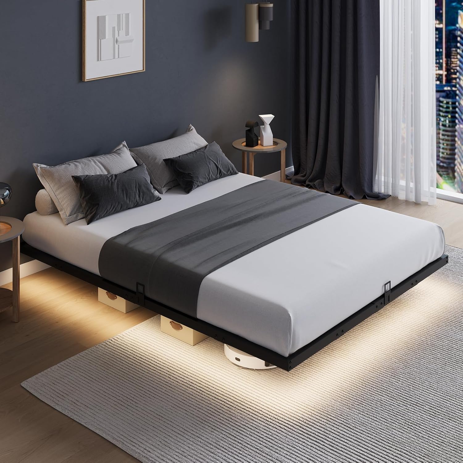 Novilla Floating Bed Frame – Queen with LED Lights, No Box Spring Needed