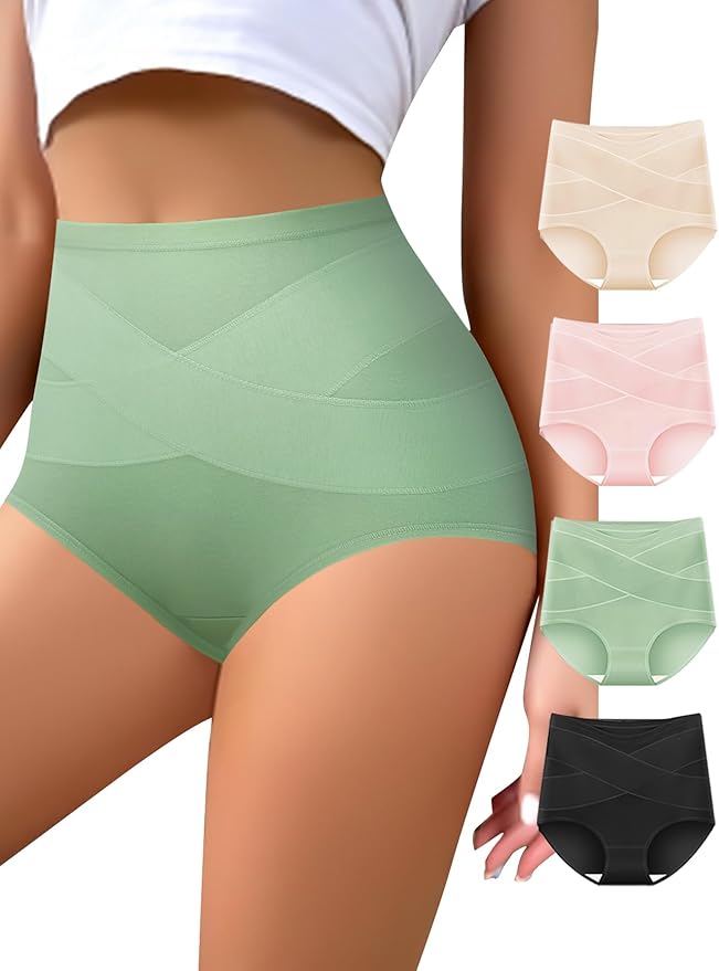 Women’s High Waisted Cotton Panties – 4 Pack Tummy Control