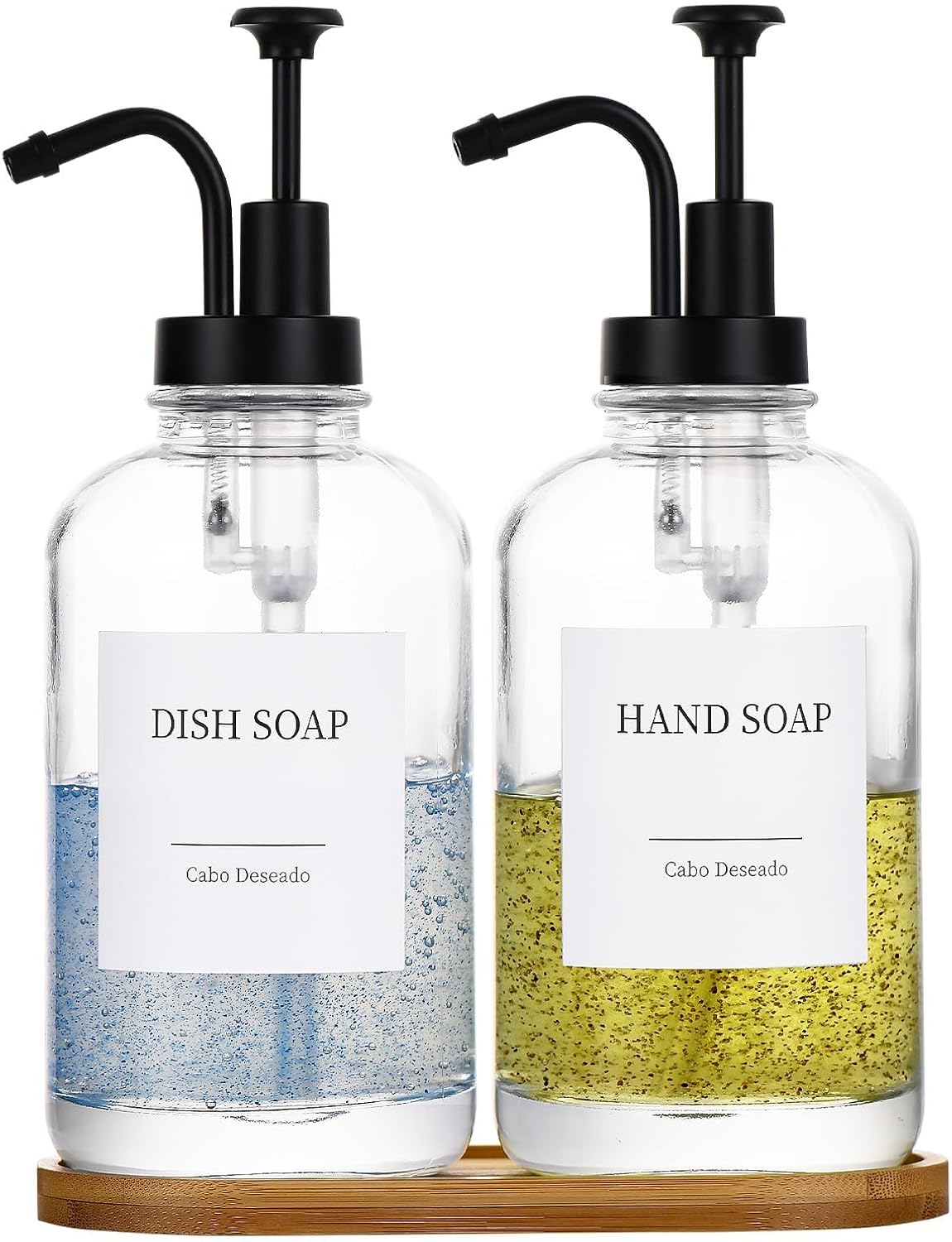 Glass Soap Dispenser Set – 2 Pack with Bamboo Tray