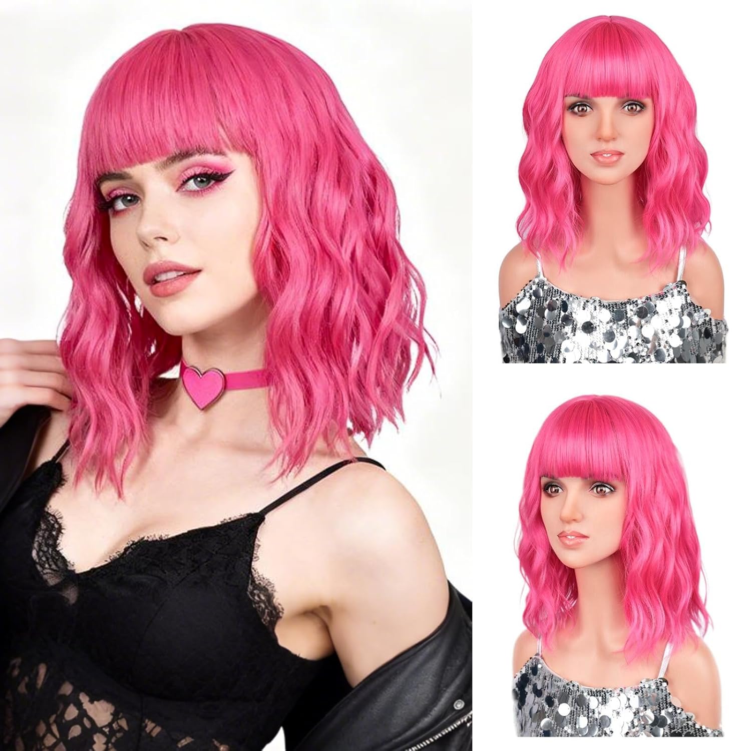 Hot Pink Bob Wig – Synthetic with Bangs