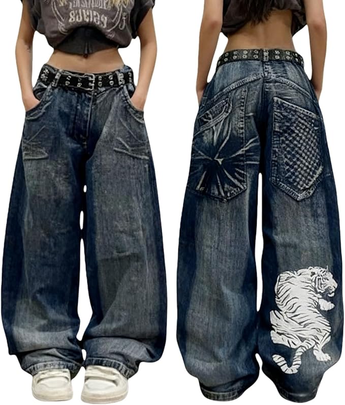 Y2K Hip Hop Street Jeans with Skeleton Print
