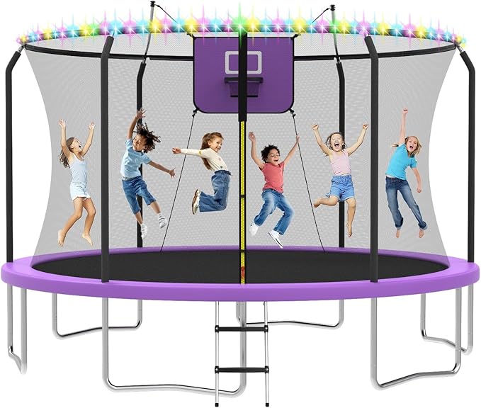 Outdoor Trampoline with Safety Enclosure – 8‑14ft with LED Lights & Hoop