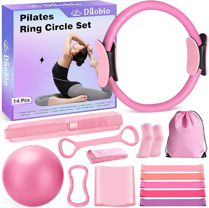 Pilates Essentials Kit – Pilates Ring, Ball, 5 Resistance Bands & Hip Belt Set
