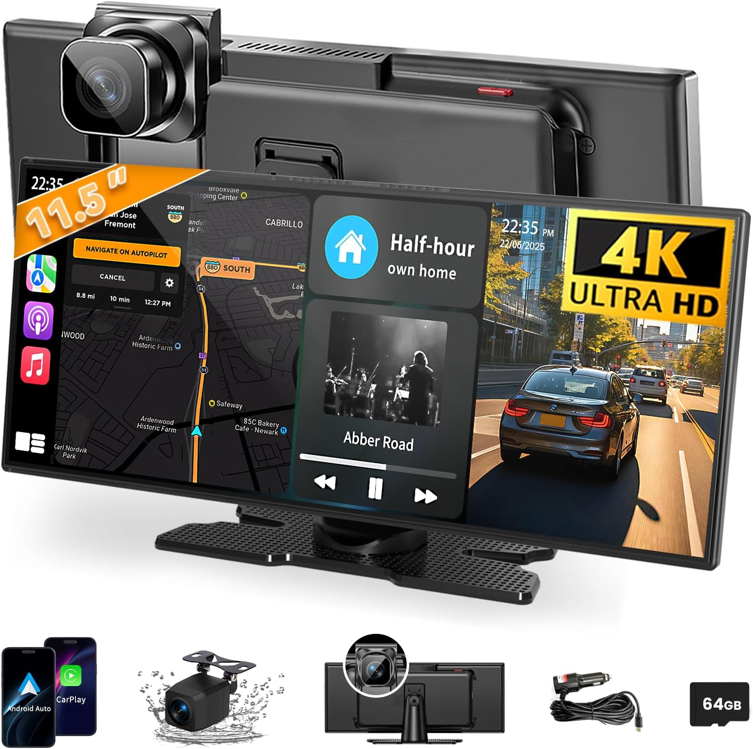 11.5″ Wireless CarPlay Screen with 4K Dash Cam