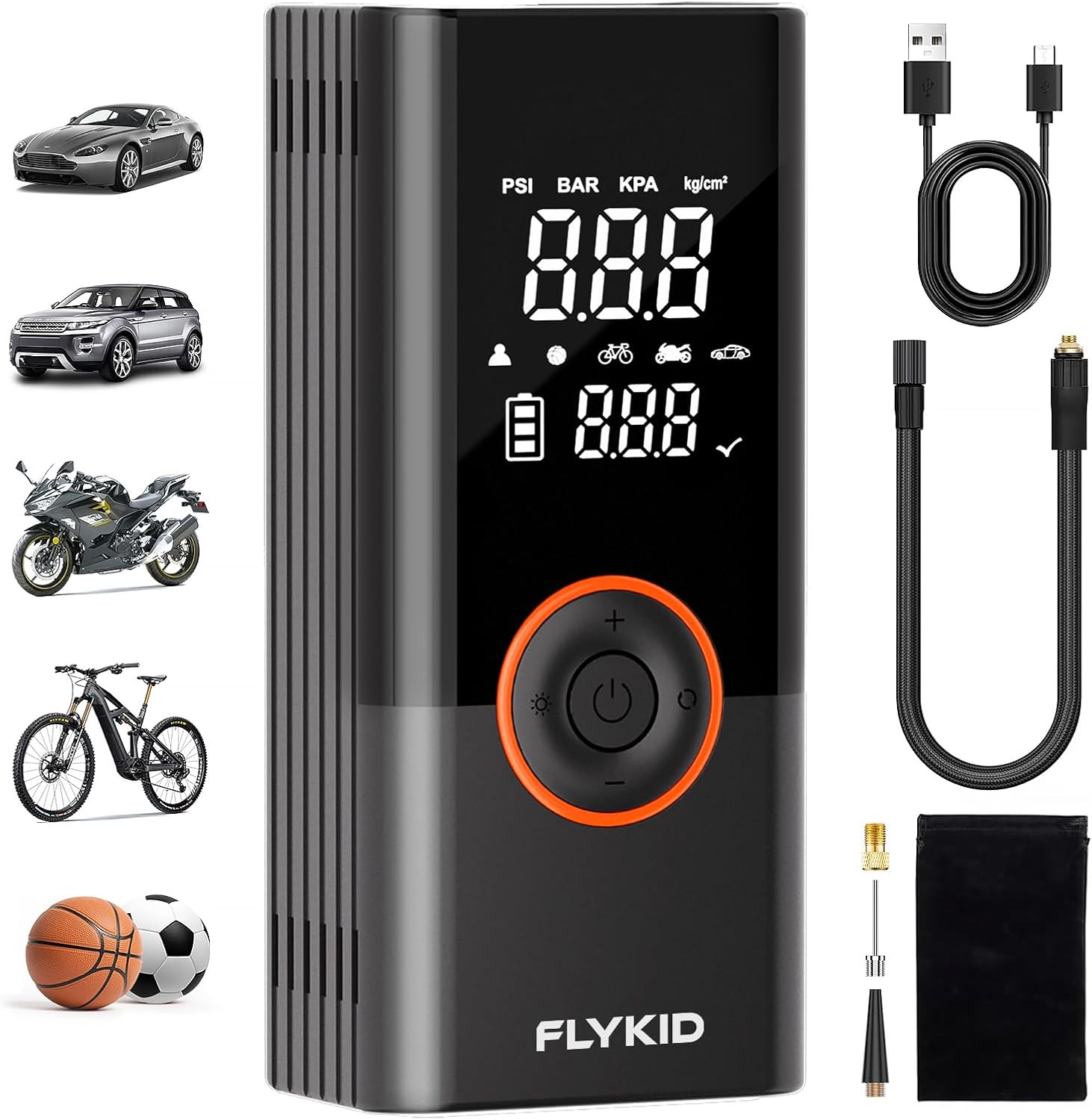 FLYKID Portable Air Compressor – 150PSI, Rechargeable, LED Light