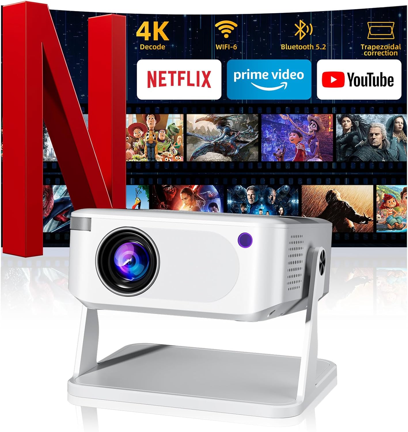Mini Projector with WiFi 6 – 4K, Auto Keystone, 270° Rotatable