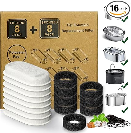 16-Pack Cat Fountain Filters & Pre-Filter Sponges