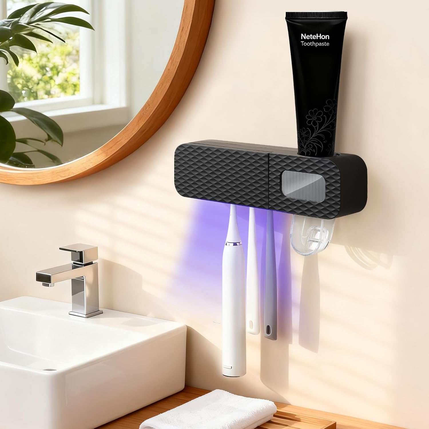 Smart Toothbrush Holder Wall Mounted with Toothpaste Dispenser