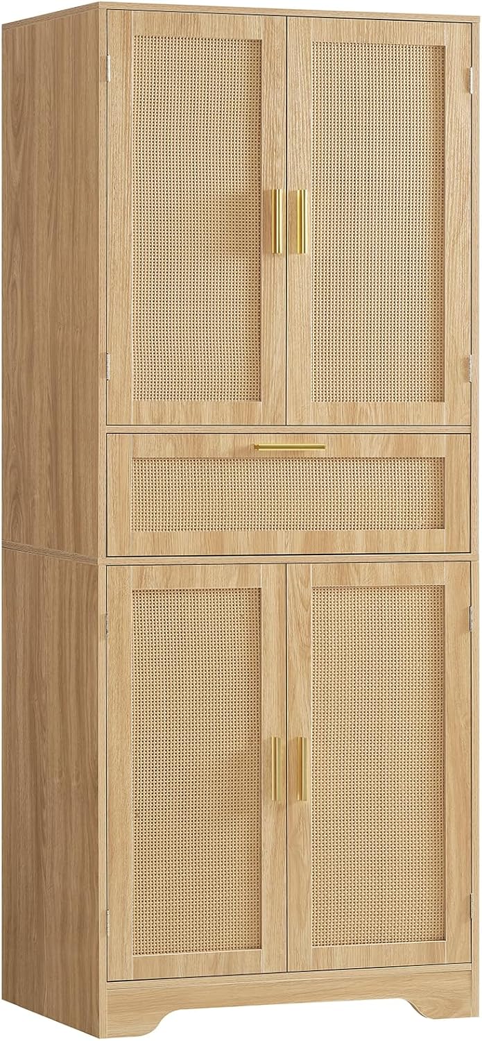 Tall Rattan Storage Cabinet with Drawer & Shelves