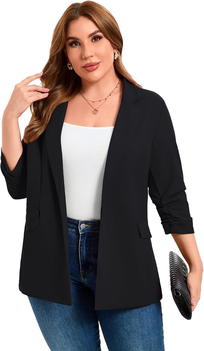 Plus Size Blazer for Women – Ruched 3/4 Sleeve