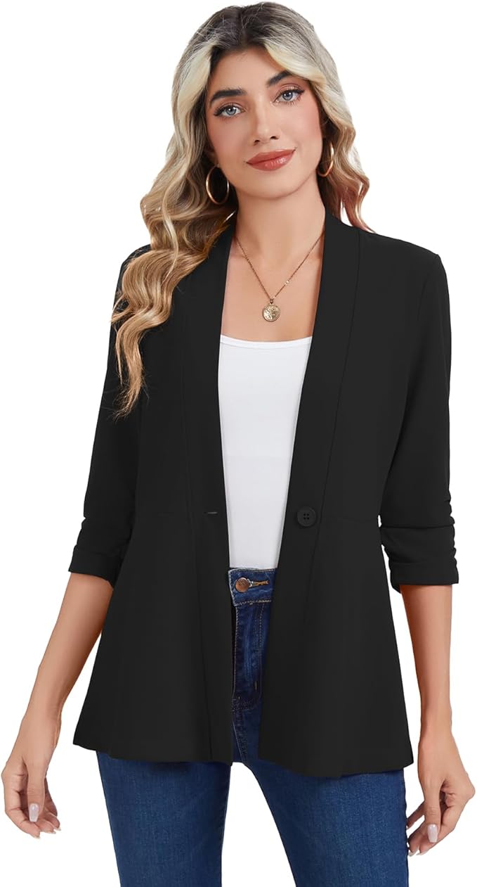 Ruched Blazer for Women – 3/4 Sleeve Business Casual