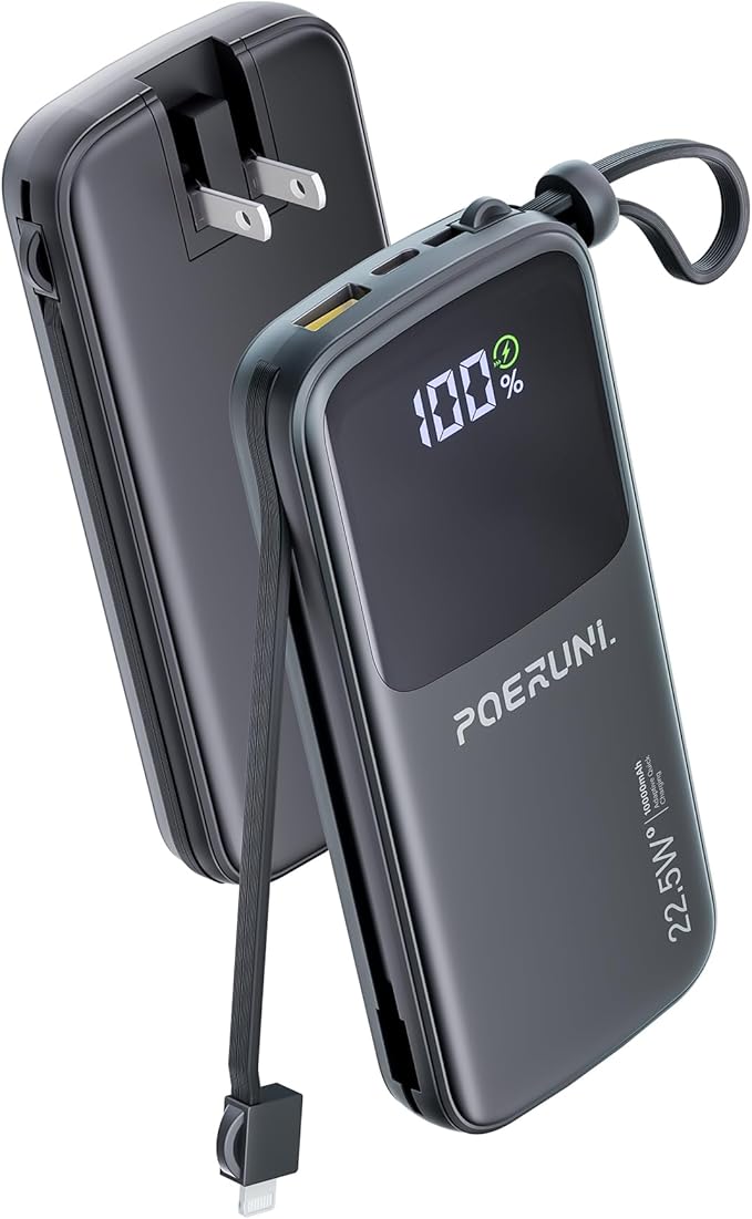 POERUNI Power Bank – 10000mAh Built‑in AC Plug & Cables