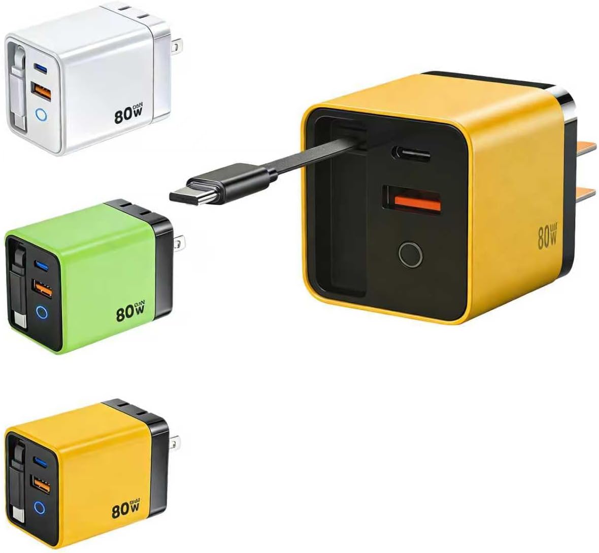 Retractable USB‑C Charger – 80W Scalable, 3‑in‑1 Wall Charger