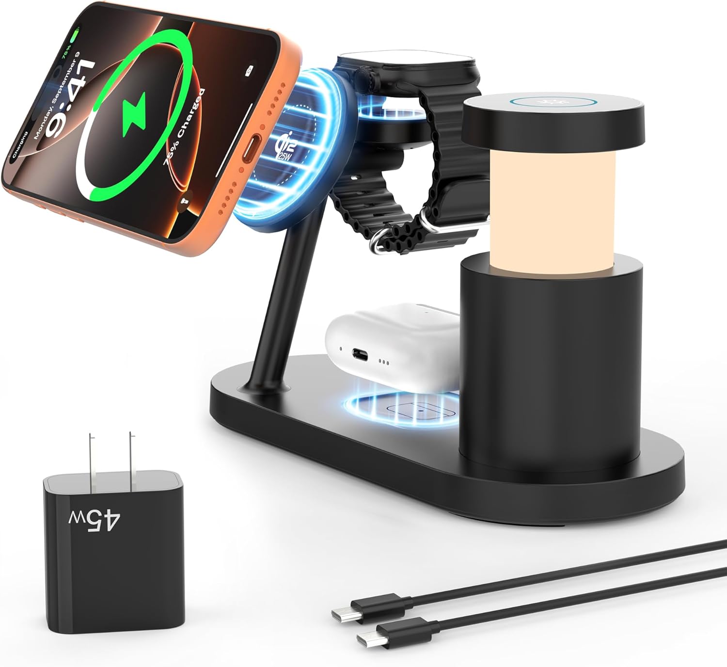 4‑in‑1 MagSafe Charging Station – Qi2.2 25W, LED Night Light