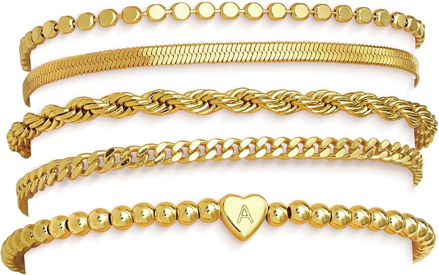 Waterproof Gold Initial Heart Bracelet Set