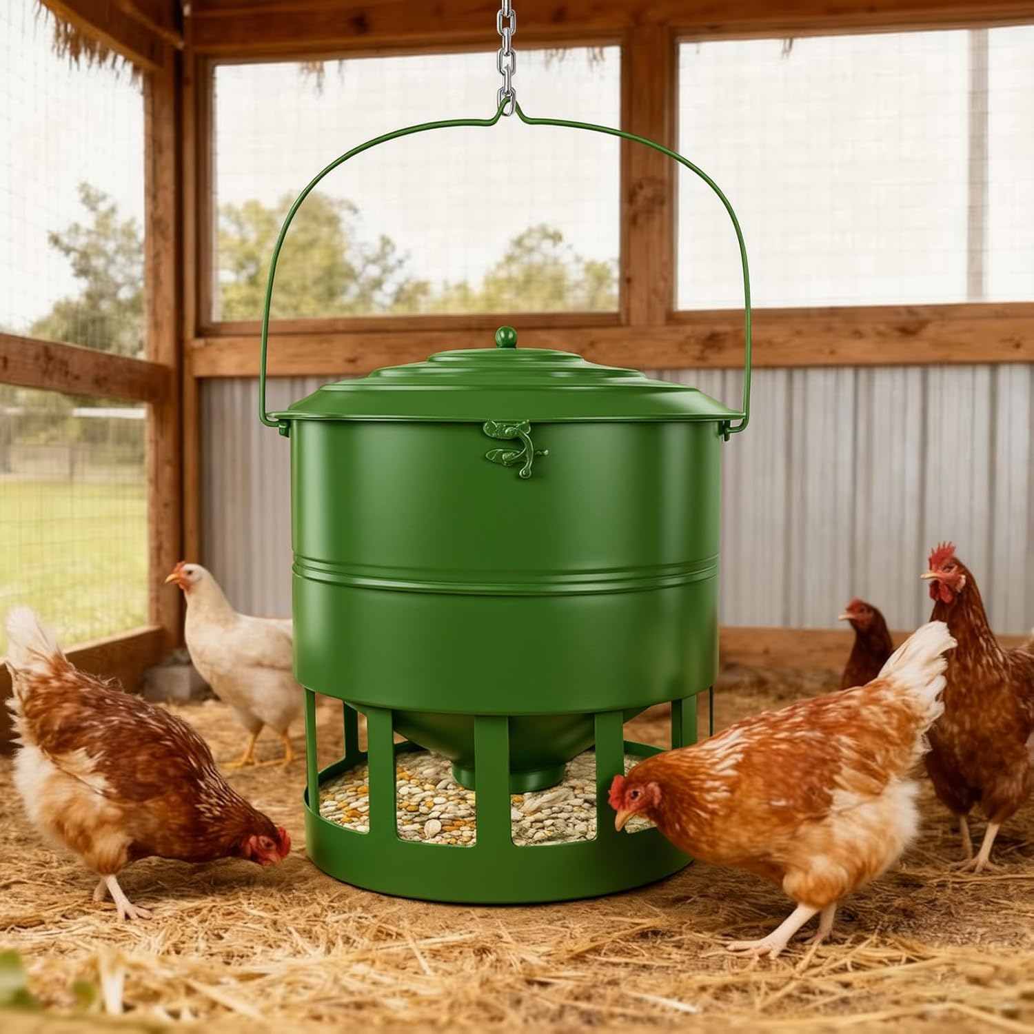 Metal Hanging Chicken Feeder No Waste 12 Ports