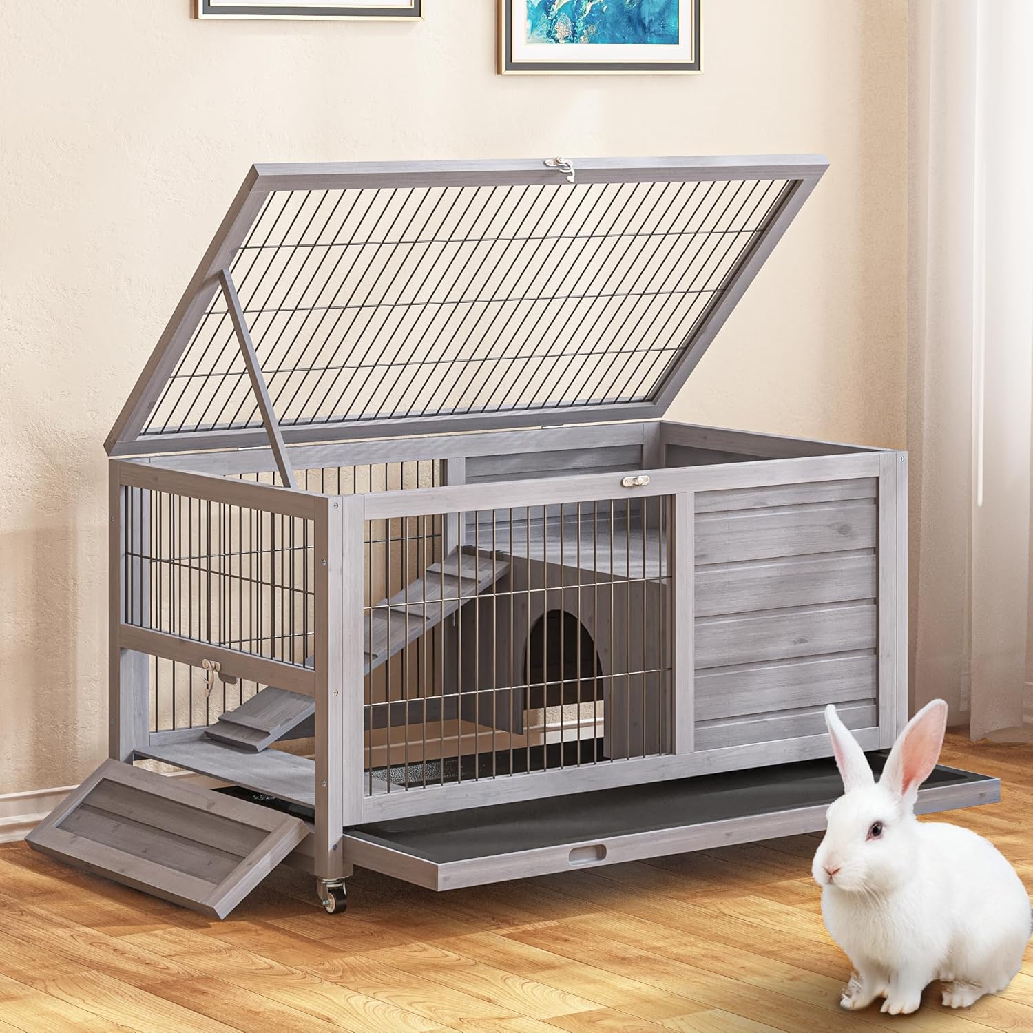 Two Story Wooden Rabbit Hutch Cage