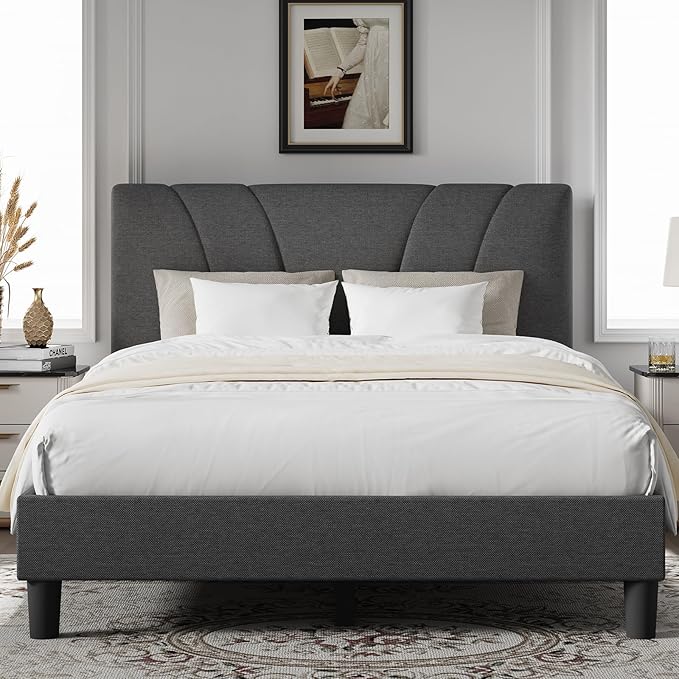 Upholstered Full Platform Bed Frame Adjustable Headboard
