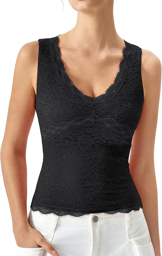 Women’s Lace Trim Tank Top V Neck Slimming Fit