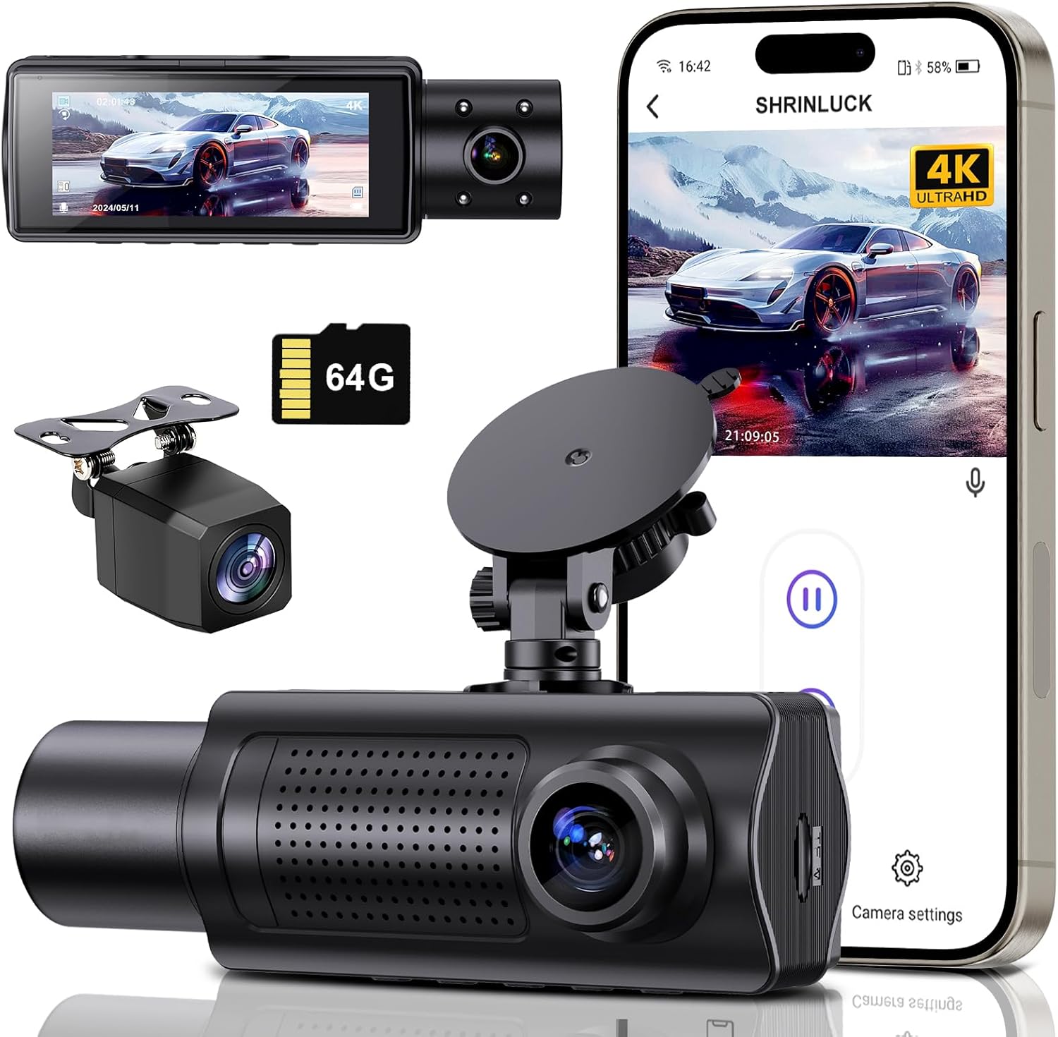 3 Channel 4K Dash Cam Front Rear Inside WiFi