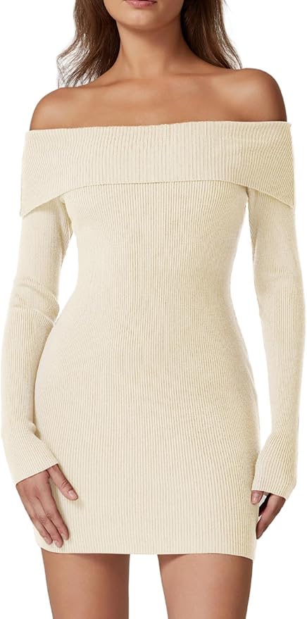 Off The Shoulder Ribbed Knit Mini Sweater Dress